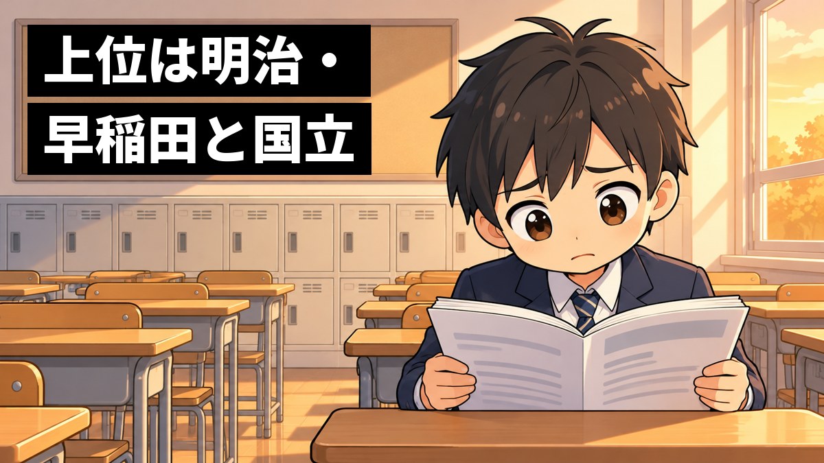 夕方の高校の教室の後ろの席で、ブレザーの男子高校生が、大学の資料の冊子を開いたまま、不安そうに眉を下げている。「上位は明治・早稲田と国立」の文字。