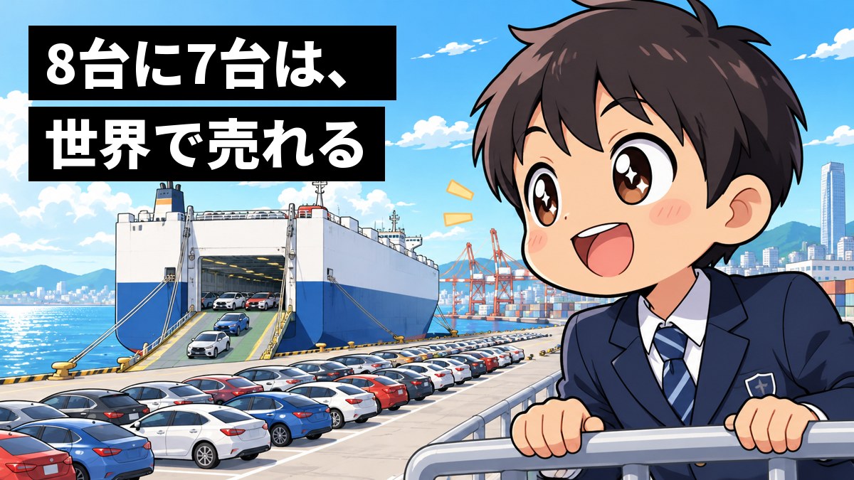 港の岸壁で、制服の男子中学生が、何百台もの新しい車が大きな自動車運搬船に積み込まれていくのを、目を輝かせて身を乗り出して見ている。「8台に7台は、世界で売れる」の文字。