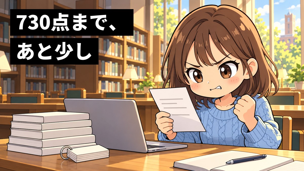 大学の図書館の机で、大学生の女性が英語の試験の結果の紙を見て、悔しそうに唇をかみ、拳をにぎっている。机の上に英語の問題集と単語カード。「730点まで、あと少し」の文字。
