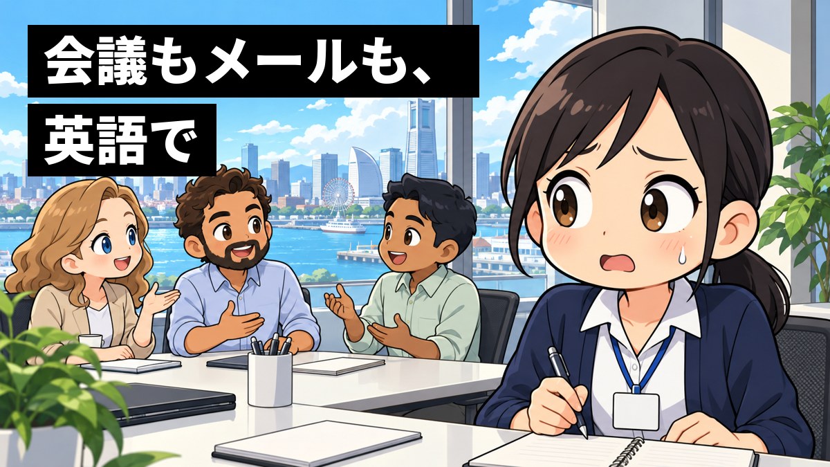 会議室で、外国の同僚たちが話す前で、若い日本人の社員が言葉に詰まり、汗をかいて困った顔で固まっている。「会議もメールも、英語で」の文字。
