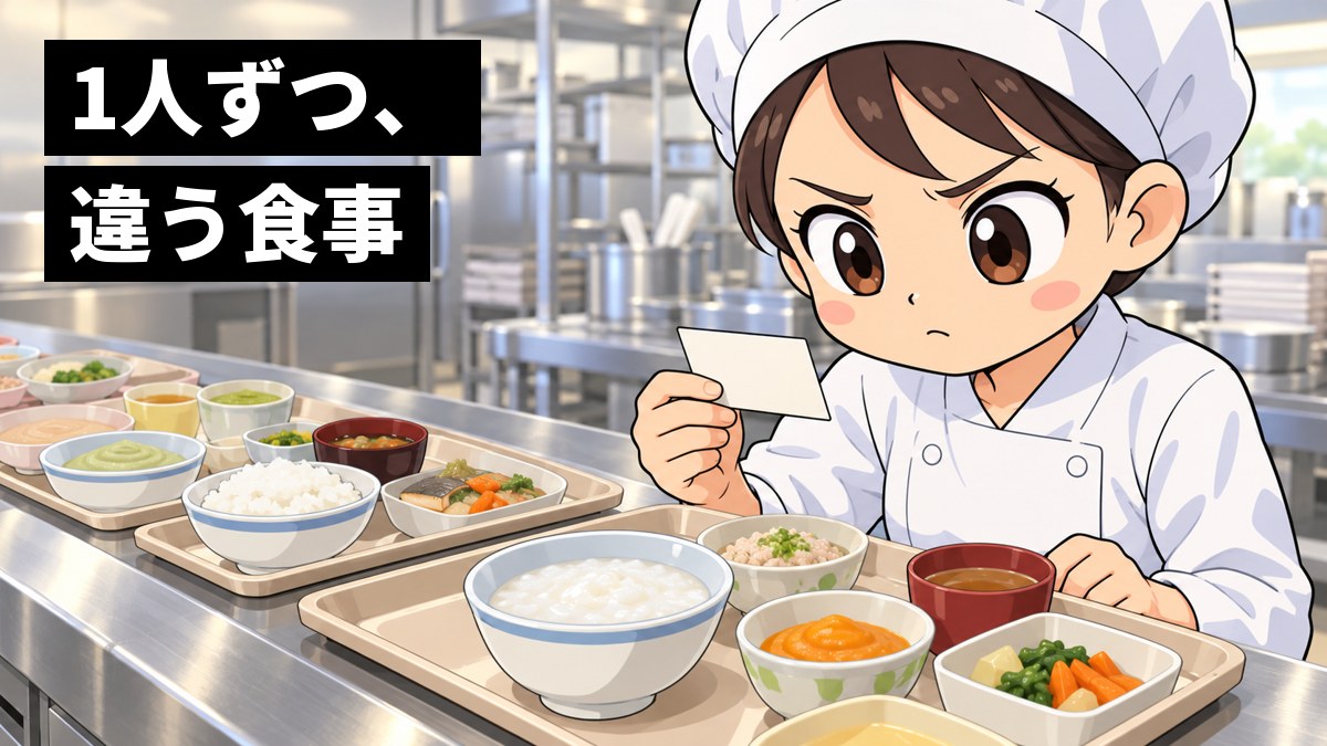 病院の厨房で、白い調理服と帽子の若い女性の栄養士が、少しずつ中身の違う病院食のトレーの列を前に、眉を寄せて真剣に確かめている。「1人ずつ、違う食事」の文字。