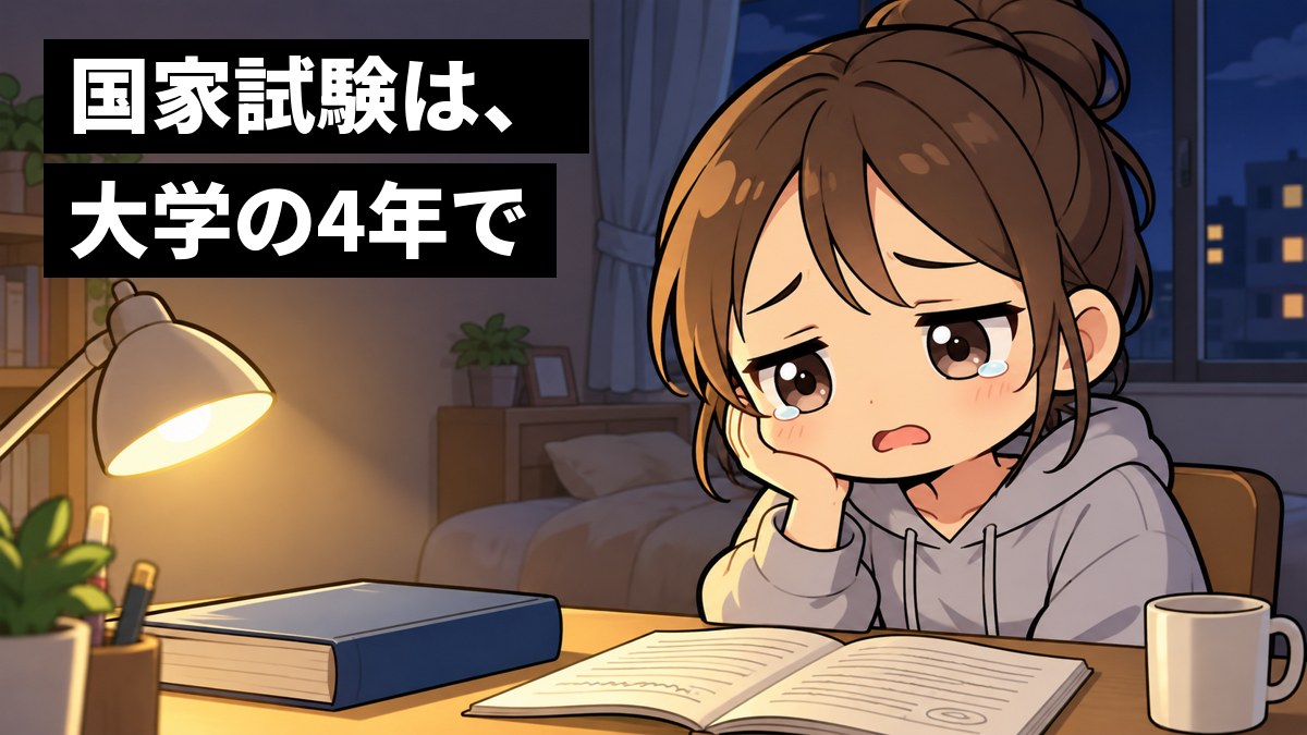 夜の小さなアパートの机で、仕事着から着替えた若い女性が、分厚い参考書とノートを前に、肩を落としてため息をついている。「国家試験は、大学の4年で」の文字。