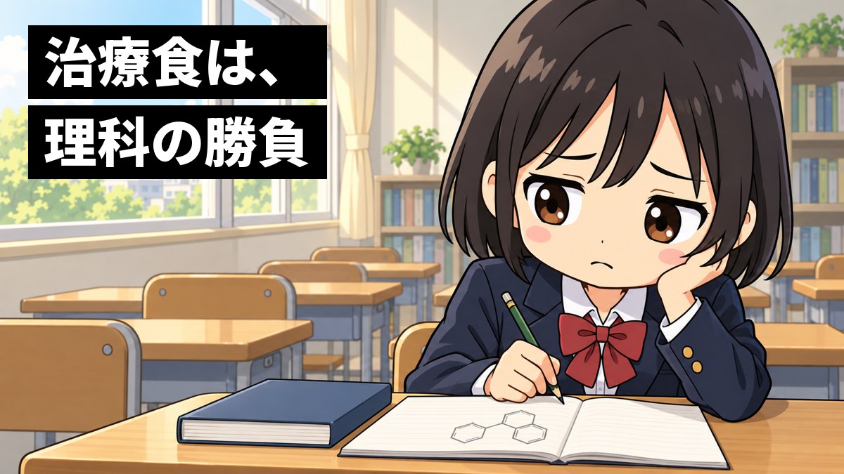 高校の自習室で、ブレザーの女子高校生が、化学の構造式が並ぶノートを前にペンを止め、困った顔でうなだれている。「治療食は、理科の勝負」の文字。