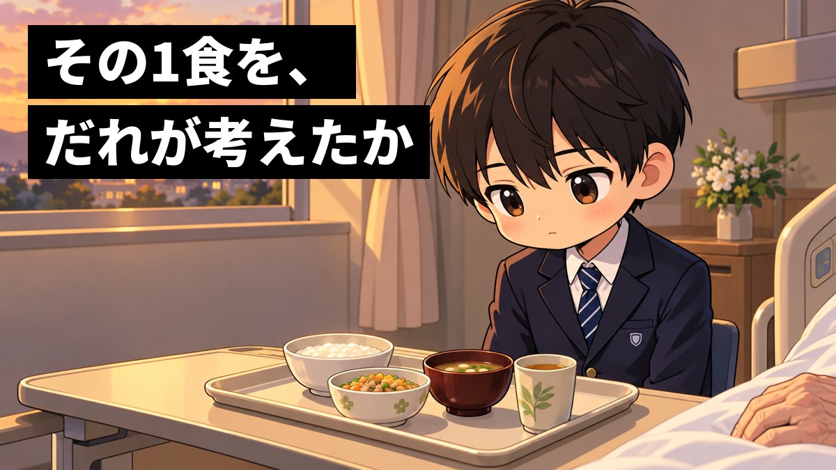 夕方の病室で、制服の男子中学生が、ベッドのテーブルのやわらかい夕ごはんのトレーを見つめて、しんみりと考えこんでいる。「その1食を、だれが考えたか」の文字。