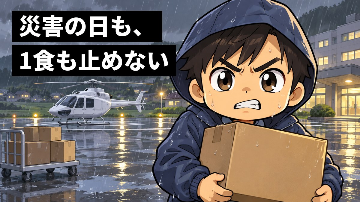 雨の降る夕方、ヘリコプターの近くで、雨がっぱの若い男性社員が食事の入った段ボール箱を抱え、歯を食いしばって前を見ている。「災害の日も、1食も止めない」の文字。
