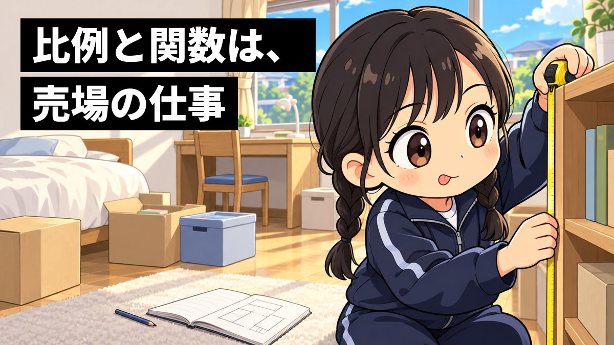 休みの日の自分の部屋で、ジャージ姿の女子中学生が、メジャーで本棚の幅を測りながら、床に置いたノートの計算に夢中になっている。「比例と関数は、売場の仕事」の文字。