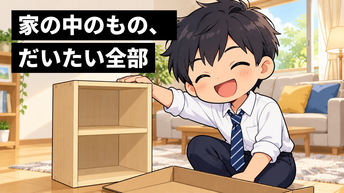 家のリビングで、制服の男子中学生が、自分で組み立てた木の棚の横にしゃがみ、やり切った得意げな笑顔を見せている。まわりには、たたんだ段ボールとクッションと照明。「家の中のもの、だいたい全部」の文字。