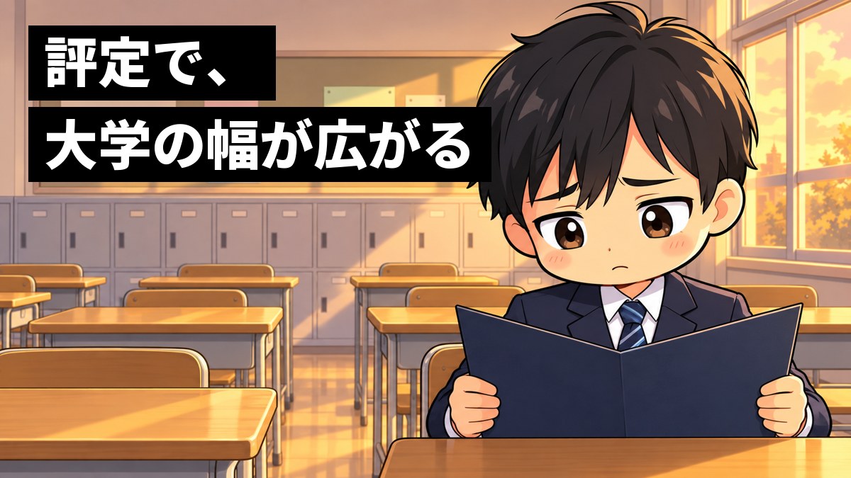 放課後の教室の後ろの席で、制服の男子中学生が、開いた通知表を両手で持ち、思ったより低い結果に眉を下げて不安そうに見つめている。「評定で、大学の幅が広がる」の文字。