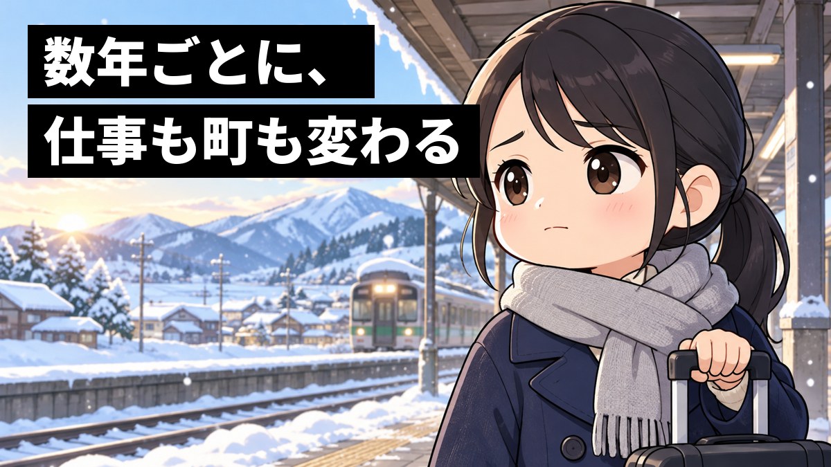 雪の降る北国の駅のホームで、コートを着た若い女性社員がスーツケースの持ち手を握り、少しさびしさをこらえて口をきゅっと結び、遠くを見ている。「数年ごとに、仕事も町も変わる」の文字。