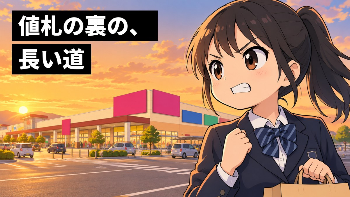 夕方の館山のショッピングセンターの駐車場で、制服の女子中学生が、買い物袋を提げたままこぶしを握り、歯を食いしばってお店を見すえている。「値札の裏の、長い道」の文字。