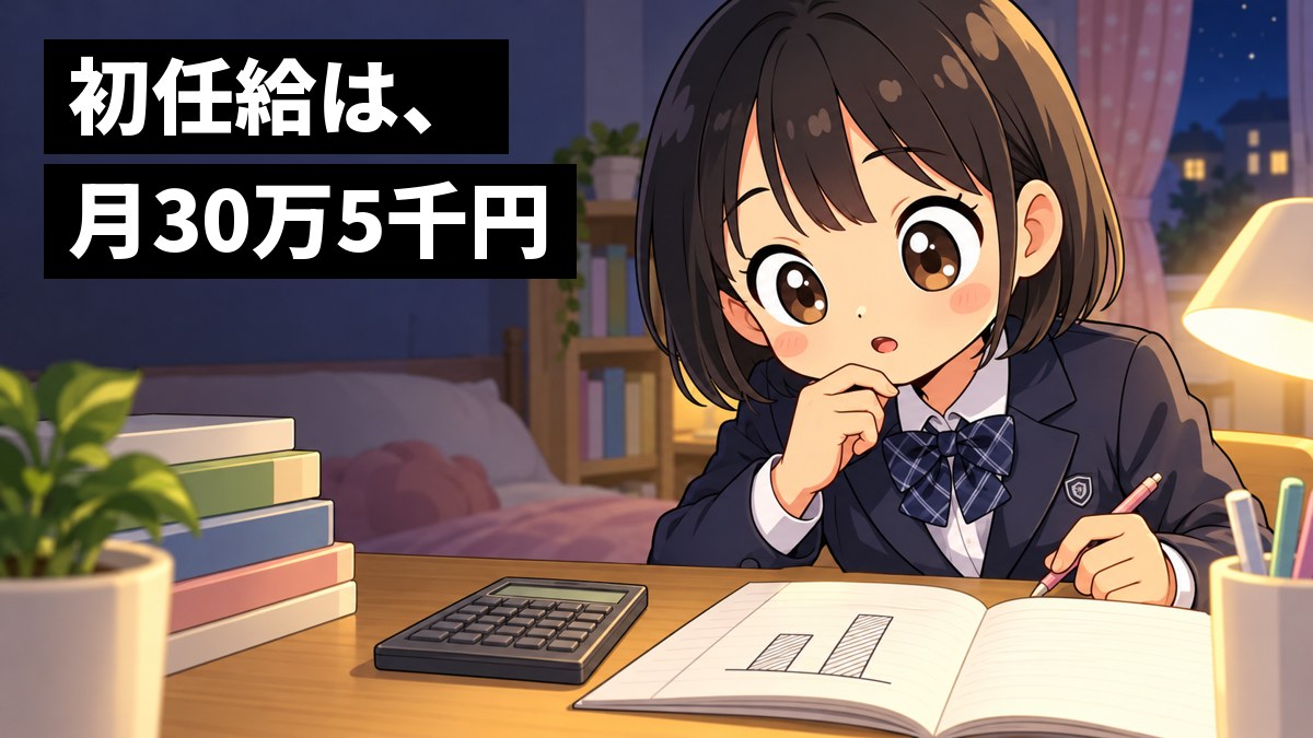夜の自分の部屋の机で、制服の女子中学生が、電卓と、高さの違う棒を2本描いたノートに身を乗り出し、目を丸くして見入っている。「初任給は、月30万5千円」の文字。