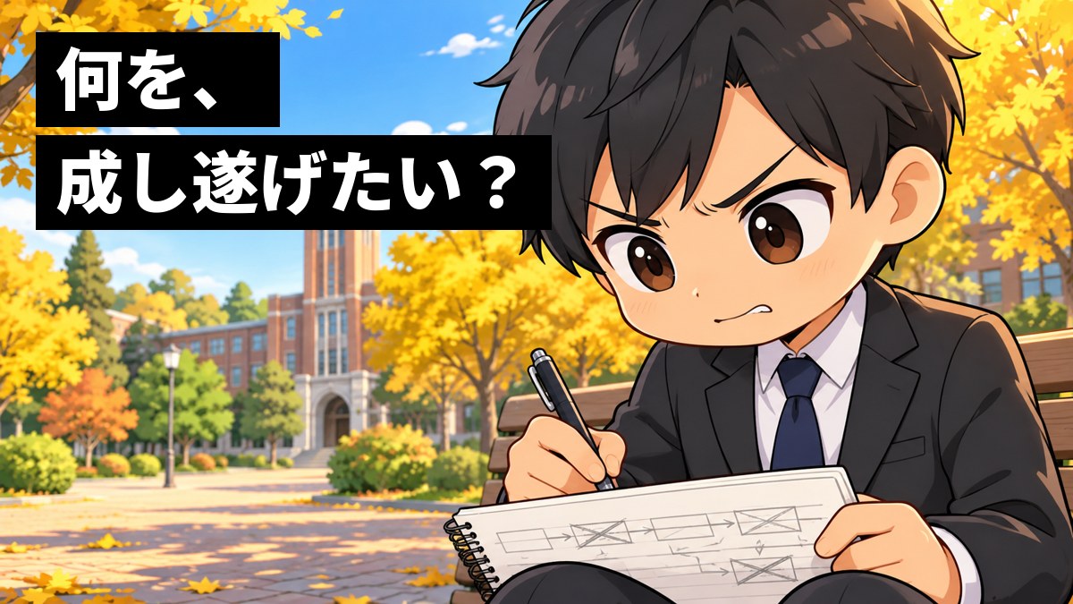 大学のキャンパスのベンチで、就活のスーツを着た男子大学生が、ノートに将来の計画を書きながら、眉を寄せて唇をかみ、くじけずに考え抜いている。「何を、成し遂げたい?」の文字。
