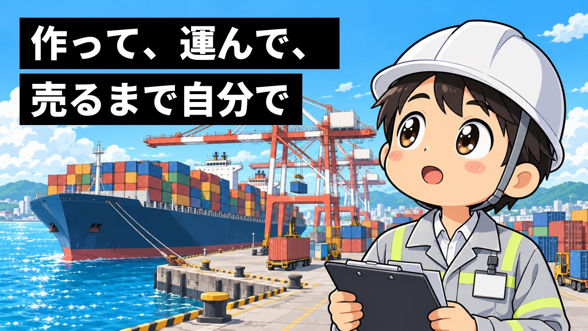 晴れた日の港で、ヘルメットと作業服の若い男性社員が、色とりどりのコンテナを積んだ大きな船を見上げ、目を輝かせて見入っている。「作って、運んで、売るまで自分で」の文字。