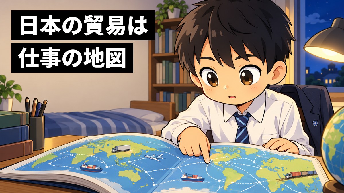 自分の部屋の机で、制服の男子中学生が社会の地図帳の世界地図に夢中になり、指で日本からヨーロッパへの船の道をたどっている。「日本の貿易は仕事の地図」の文字。