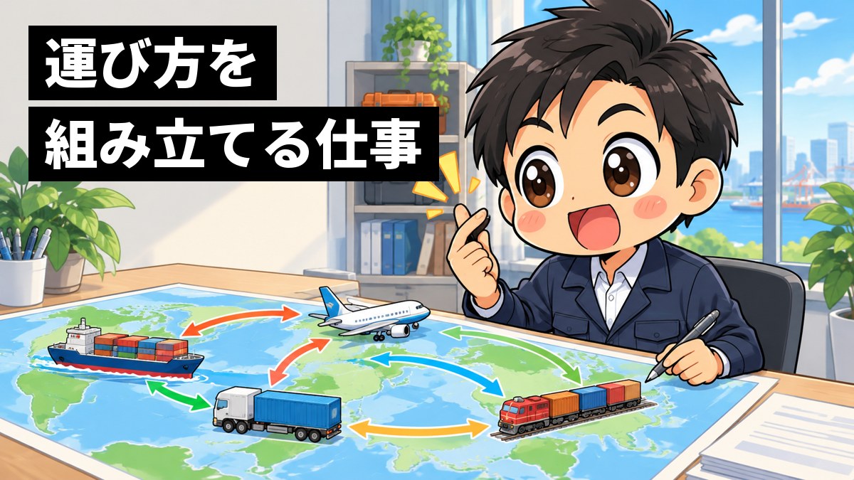 事務所の机に広げた世界地図の上で、作業着の若い男性社員が船と飛行機とトラックの道を矢印で結び、ひらめいた顔で指を鳴らしている。「運び方を組み立てる仕事」の文字。