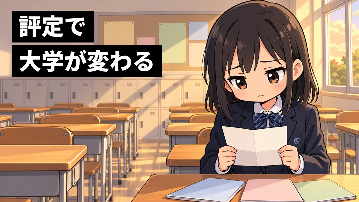 放課後の教室で、制服の女子中学生が返ってきた成績表を両手で持ち、眉を下げて肩を落としている。机には大学のパンフレット。「評定で大学が変わる」の文字。