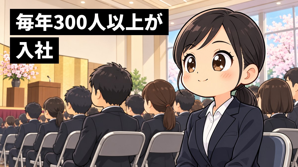 春の入社式の会場で、紺のスーツの若い女性の新入社員が、ほかの新入社員の列の中で胸を張り、ワクワクした目で前を見ている。「毎年300人以上が入社」の文字。