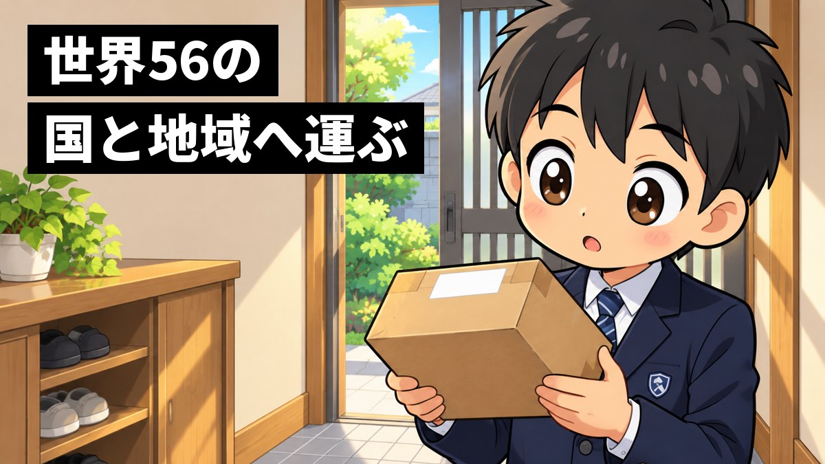 家の玄関で、制服の男子中学生が届いたばかりの段ボール箱を両手で持ち、目を丸くして箱をのぞきこんでいる。「世界56の国と地域へ運ぶ」の文字。