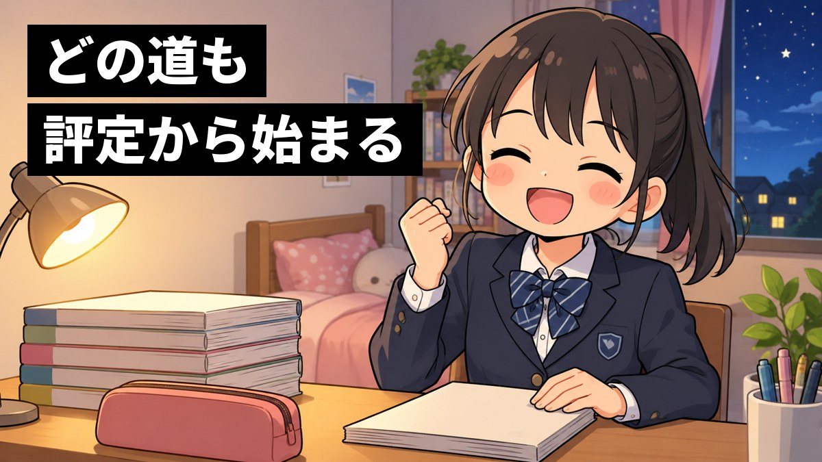 夜の自分の部屋で、制服の女子中学生がテスト勉強をやり切り、問題集を閉じてガッツポーズで満足そうに笑っている。「どの道も評定から始まる」の文字。