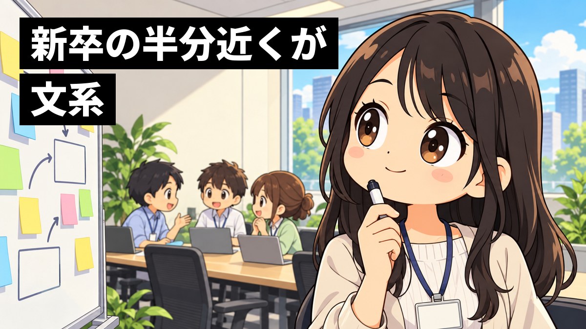会社のプロジェクトルームで、インターンの女子大学生が、付せんが貼られたホワイトボードの前で、ペンを口元に当てて夢中で案を考えている。奥では社員と学生が話し合っている。「新卒の半分近くが文系」の文字。
