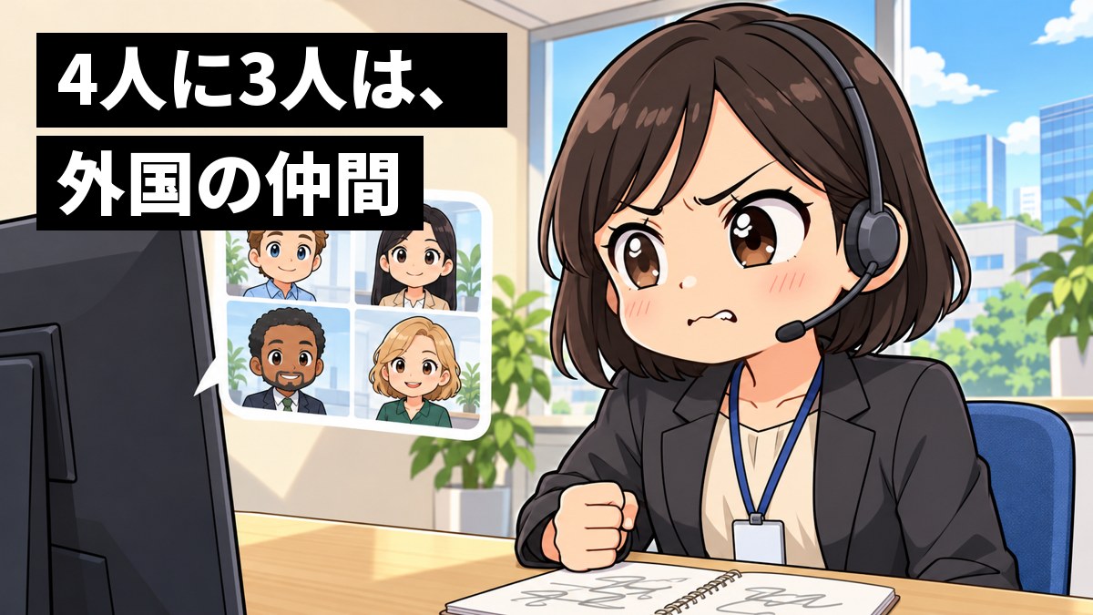 会議室で、若い女性の社員が、海外の仲間とのオンライン会議の最中に、英語がうまく出てこず悔しそうに唇をかんでいる。奥の大きな画面には外国の同僚たちの小さな顔。「4人に3人は、外国の仲間」の文字。