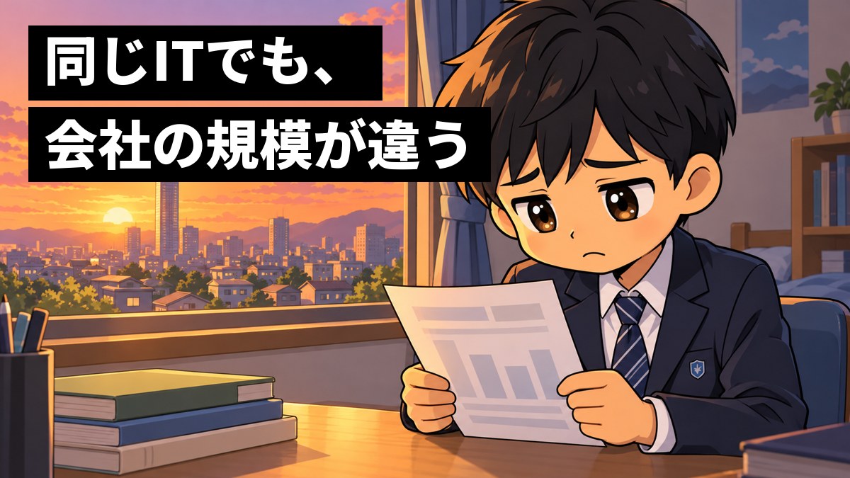 夕方の自分の部屋で、制服の男子中学生が、模試の結果の紙を見つめて、肩を落としてしょんぼりしている。窓の外には、大きなビルと小さなビルが並ぶ街の夕焼け。「同じITでも、会社の規模が違う」の文字。