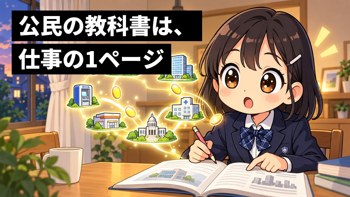 家のリビングのテーブルで、制服の女子中学生が、開いた公民の教科書を前に、何かがつながった顔で目を輝かせている。頭の上には、お金の流れを表す光る線。「公民の教科書は、仕事の1ページ」の文字。