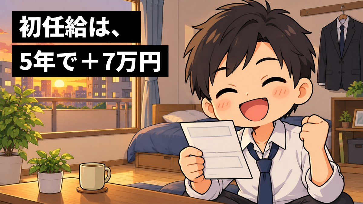 一人暮らしの部屋で、新入社員の若い男性が、初めての給与明細を開いて、思わずガッツポーズで満面の笑みを浮かべている。「初任給は、5年で+7万円」の文字。