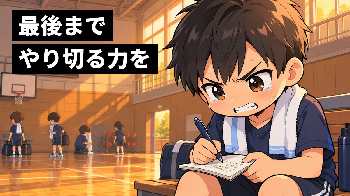 夕方の学校の体育館の端で、ジャージ姿の男子中学生が、負けた試合のあと、悔しさに歯を食いしばりながら練習ノートに反省を書きこんでいる。「最後までやり切る力を」の文字。