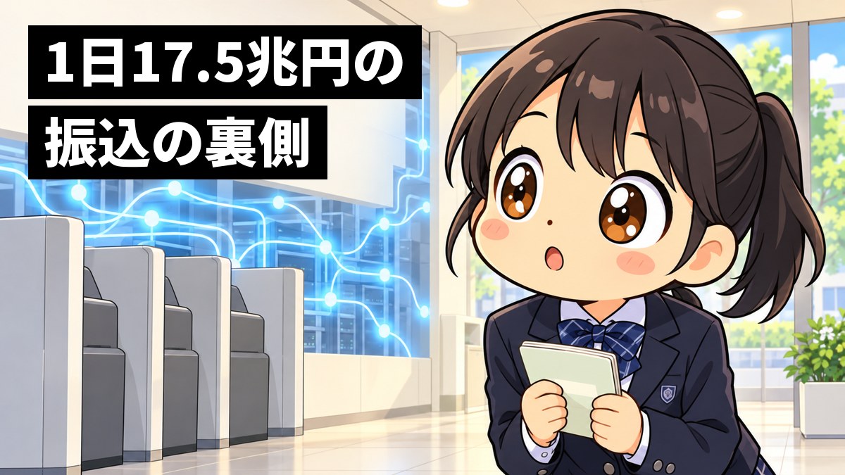 制服の女子中学生が、銀行のATMコーナーで、ATMの裏で光る線がつながっていく様子に目を丸くして身を乗り出している。「1日17.5兆円の振込の裏側」の文字。