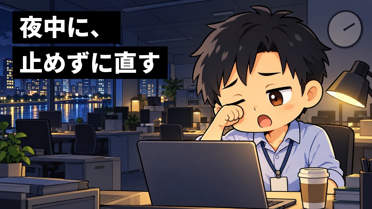 夜のオフィスで、若い男性のエンジニアが、眠そうに目をこすりながらノートパソコンの作業を続けている。窓の外は夜の街の明かり。「夜中に、止めずに直す」の文字。