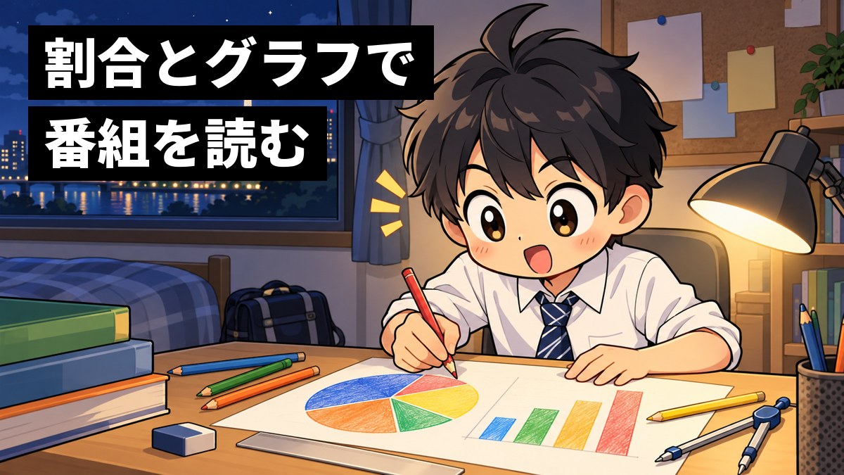 自分の部屋の机で、制服の男子中学生が家族に聞いたアンケートを円グラフと棒グラフにまとめ、ひらめいた顔で夢中で書き込んでいる。「割合とグラフで番組を読む」の文字。