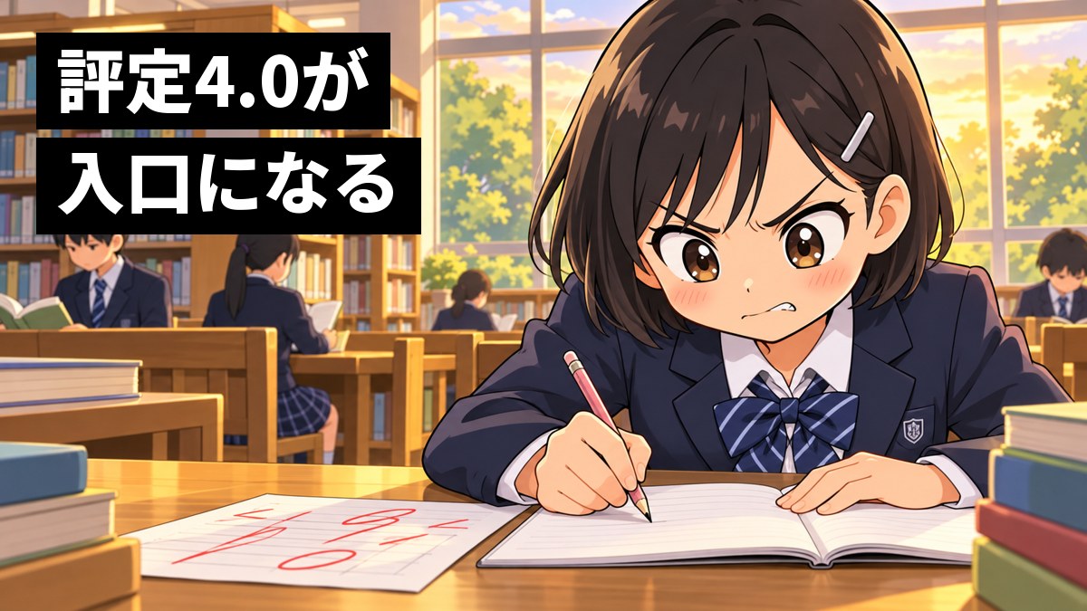 放課後の学校の図書室で、制服の女子中学生が返ってきた答案の間違えた問題をにらみ、くやしそうに唇をかんでノートに直しを書いている。「評定4.0が入口になる」の文字。