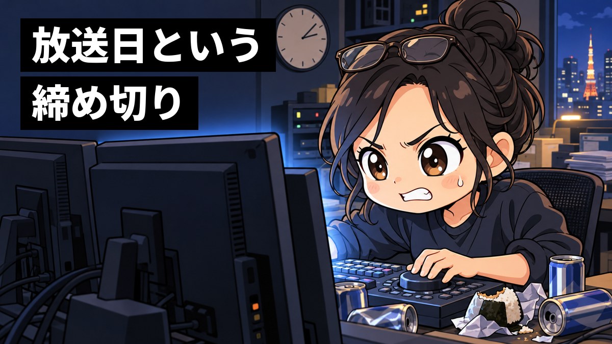 深夜の暗い編集室で、モニターの光に照らされた若い女性のディレクターが、歯を食いしばって編集機に向かっている。「放送日という締め切り」の文字。