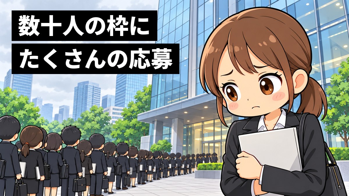 高いビルの前にできた就職活動の学生の長い行列の中で、黒いスーツの女子大学生が手にした書類を見つめて、不安そうに肩を落としている。「数十人の枠にたくさんの応募」の文字。