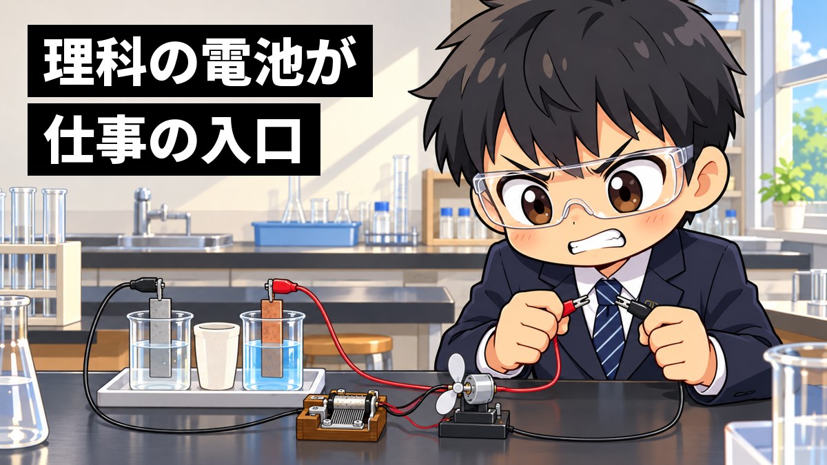 中学校の理科室で、制服の男子中学生が、亜鉛と銅の板をつないだ電池の実験で電子オルゴールが鳴らず、悔しそうに歯を食いしばって導線を見つめている。「理科の電池が仕事の入口」の文字。