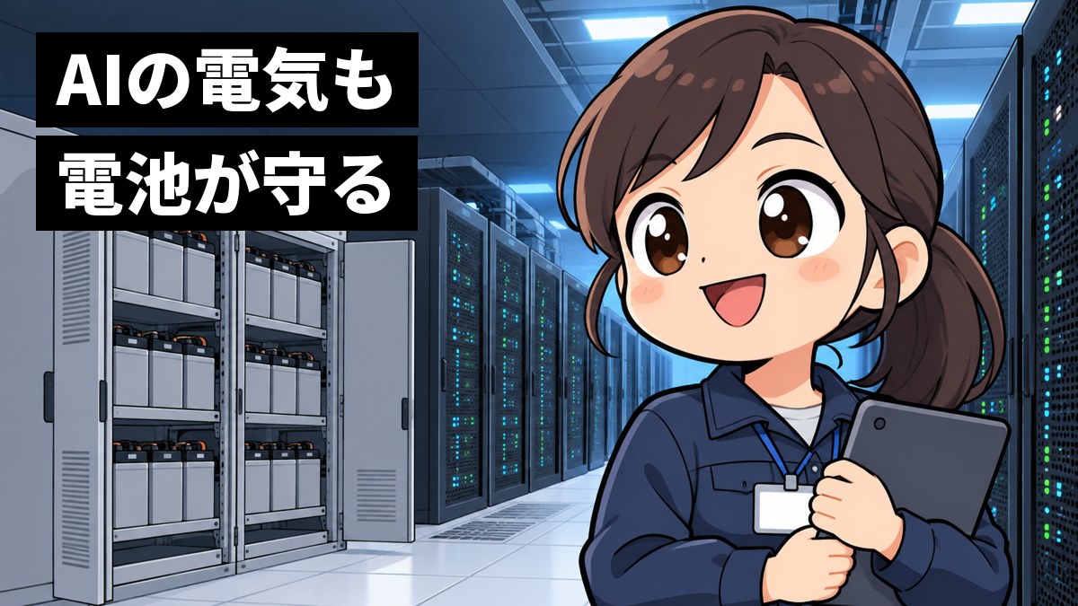 青白い光のデータセンターで、サーバーの棚と電池の棚が並ぶ通路に立ち、点検を終えて満面の笑みを見せる、作業ジャケットの女性の技術者。「AIの電気も電池が守る」の文字。