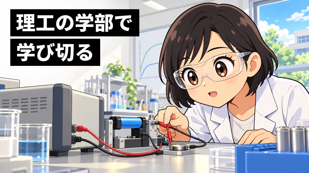 大学の工学部の研究室で、白衣の女子大学生が、電池につないだ測定器の波の線を、時間を忘れて夢中でのぞきこんでいる。「理工の学部で学び切る」の文字。