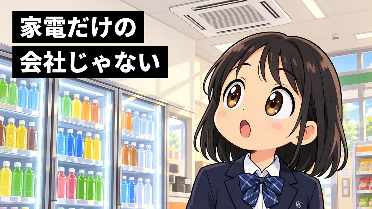 コンビニの冷たい飲み物の棚の前で、制服の女子中学生が、棚や天井のエアコン、照明を見上げて、目を丸くして驚いている。「家電だけの会社じゃない」の文字。