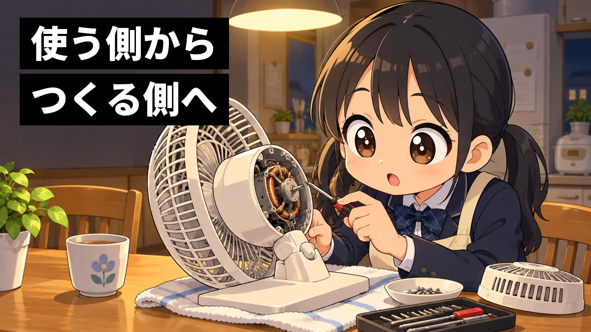 夜の家の台所のテーブルで、制服の上にエプロンをした女子中学生が、古い扇風機の後ろのふたをドライバーで開け、中のモーターをのぞきこんでワクワクと目を輝かせている。「使う側からつくる側へ」の文字。