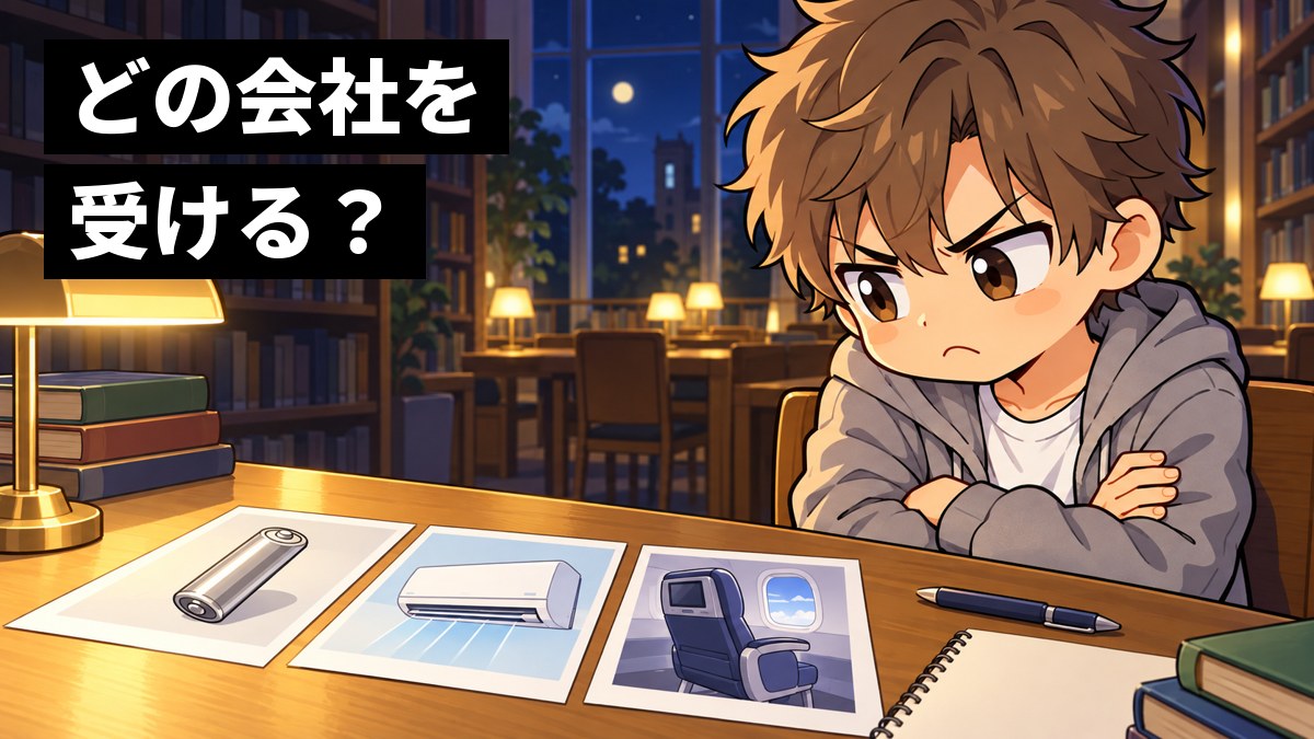 夜の大学の図書館で、茶髪の男子大学生が、電池・エアコン・飛行機の写真の資料を並べて、眉を寄せ口をへの字にして、どれを受けるか真剣に悩んでいる。「どの会社を受ける?」の文字。