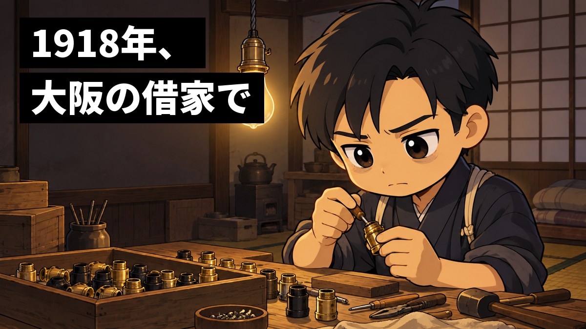 大正時代の大阪の小さな木造の借家の作業場で、裸電球の下、着物にたすきがけの若い男性が、疲れた顔で電球のソケットを手で組み立てている。「1918年、大阪の借家で」の文字。