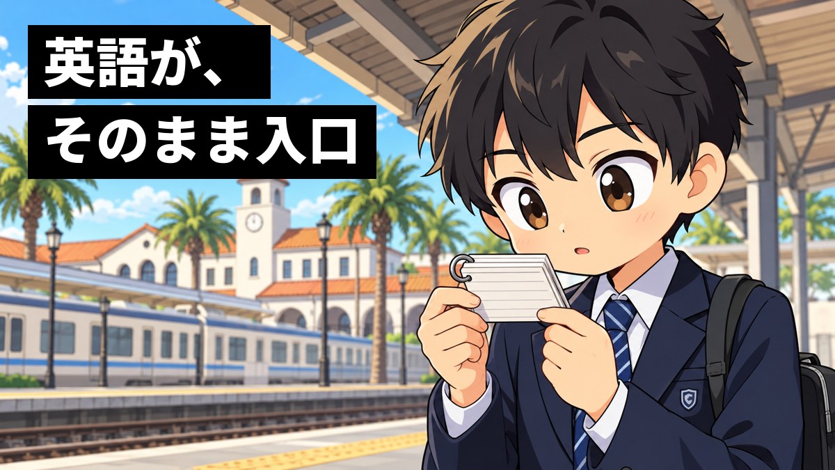 館山駅のホームで、制服の男子中学生が電車を待ちながら、小さな単語帳に夢中になり、口を小さく動かして時間を忘れている。「英語が、そのまま入口」の文字。