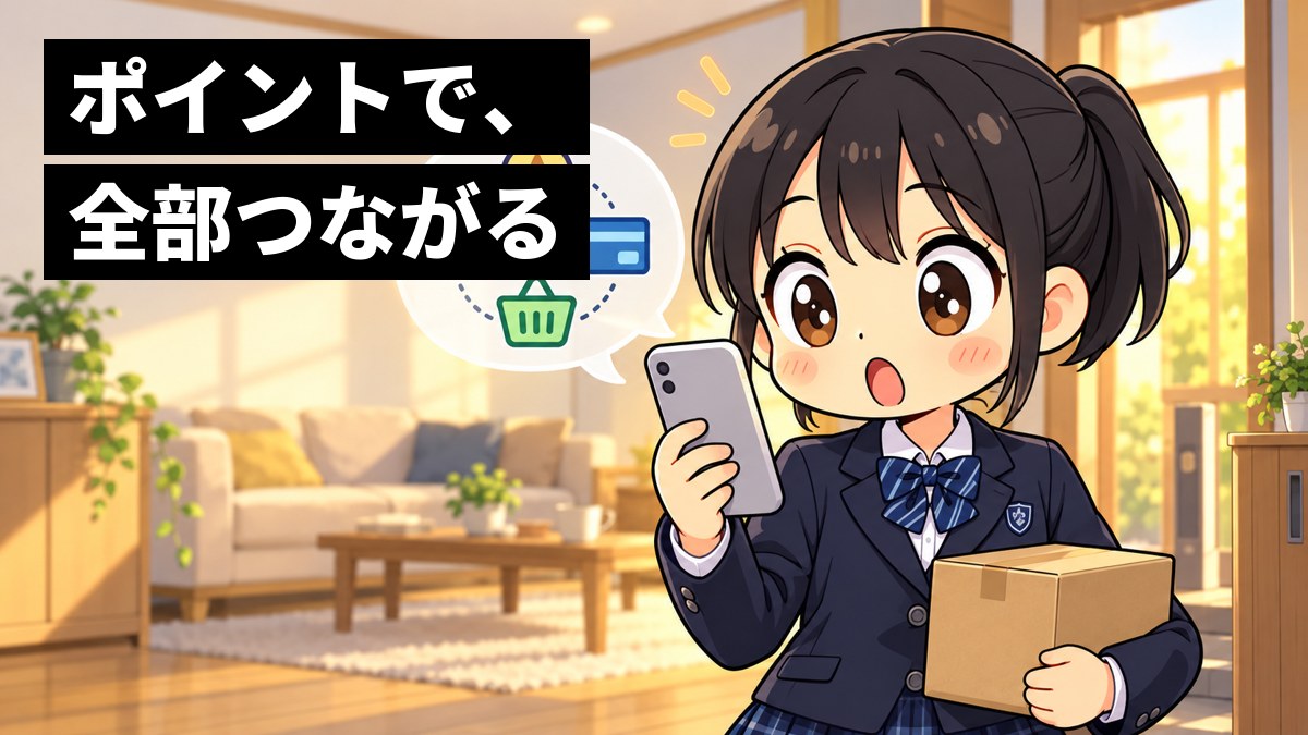 家のリビングの玄関近くで、制服の女子中学生が届いた段ボール箱を抱え、手にしたスマホから浮かぶ星のポイントとカードと買い物かごの吹き出しを見て、目を丸くして驚いている。「全部、1つのポイントでつながる」の文字。
