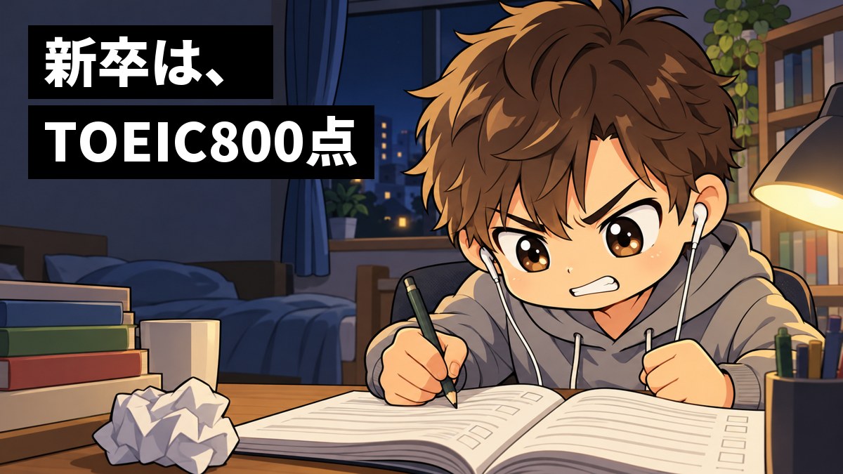 夜の一人暮らしの部屋の机で、パーカー姿の男子大学生が、英語の問題集とイヤホンを前に、解けなかった悔しさに歯を食いしばって紙面をにらんでいる。「新卒は、TOEIC 800点」の文字。