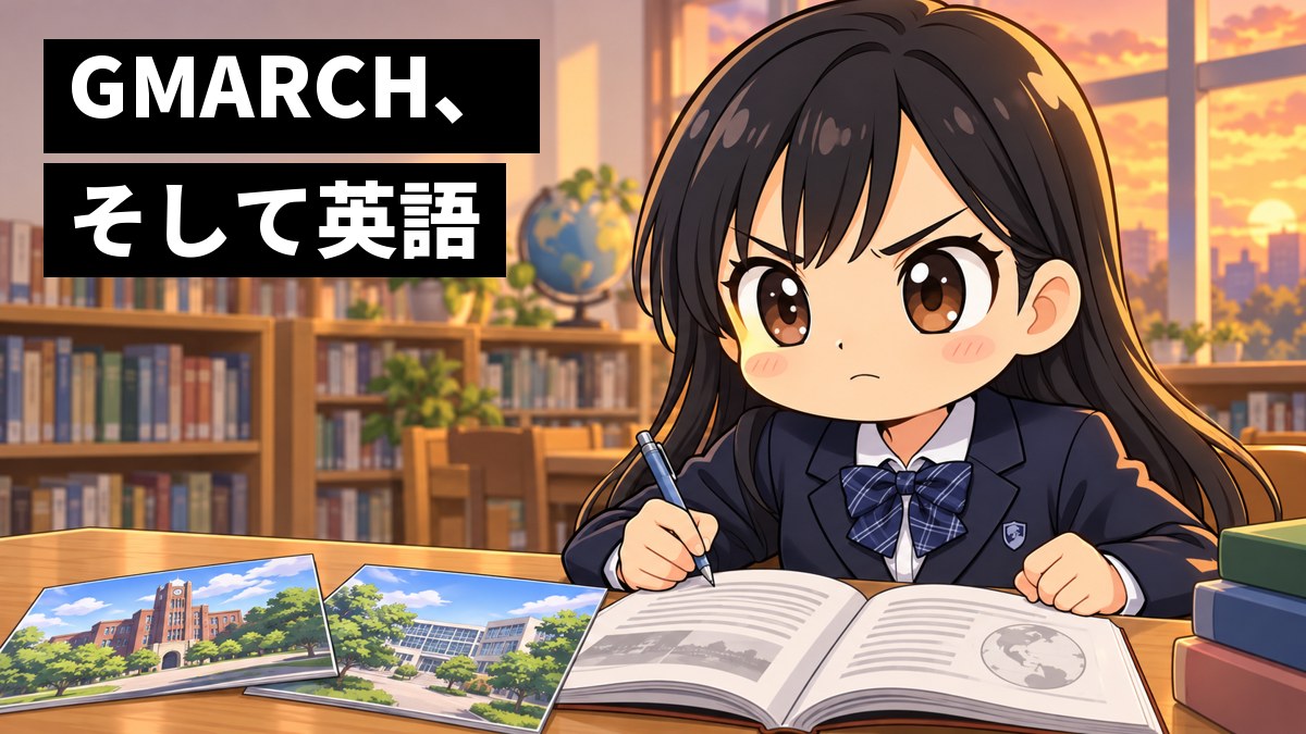 夕方の学校の図書室で、制服の女子中学生が、英語の教科書と大学のパンフレットを前に、眉を寄せて唇をきゅっと結び、強いまなざしで前を見すえている。「GMARCH、そして英語」の文字。