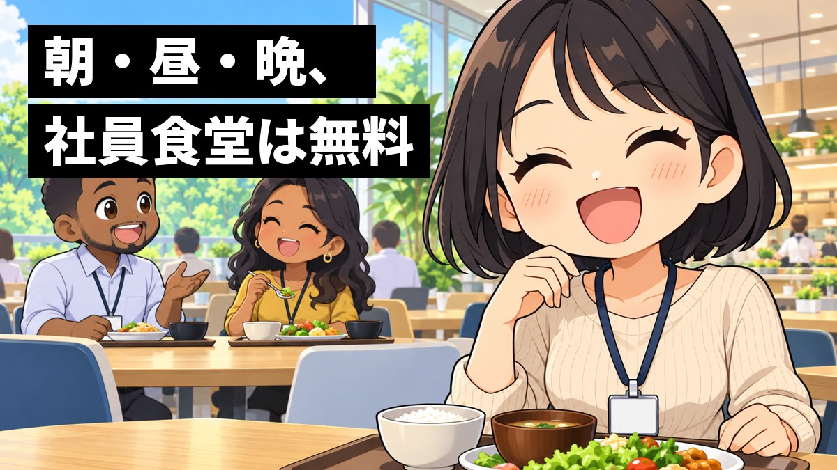 大きな窓のある明るい社員食堂で、社員証を下げた若い女性社員が、トレイのお昼ごはんを前に、向かいの外国の同僚2人と話が弾み、笑顔をこぼしている。「朝・昼・晩、社員食堂は無料」の文字。