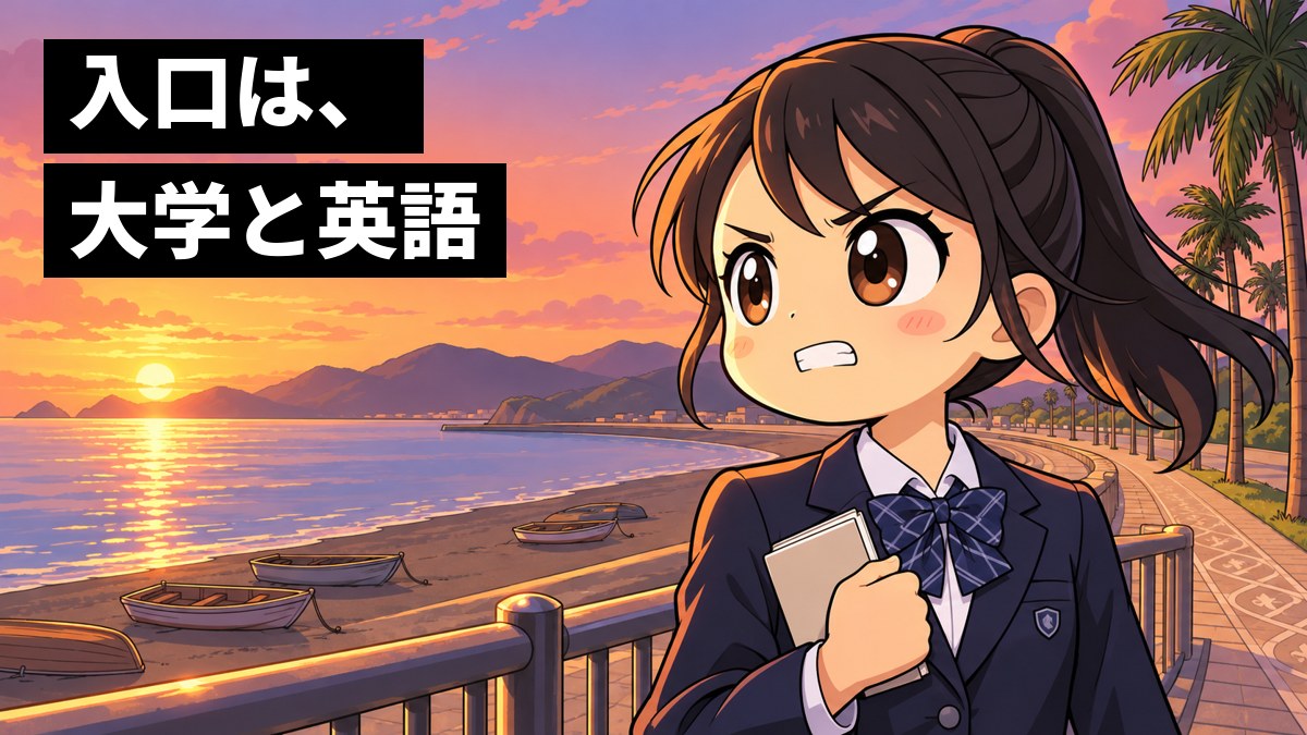 夕方の館山の海辺の遊歩道で、制服の女子中学生が、英語の単語帳を握りしめ、歯を食いしばって海の向こうを見すえている。「入口は、大学と英語」の文字。