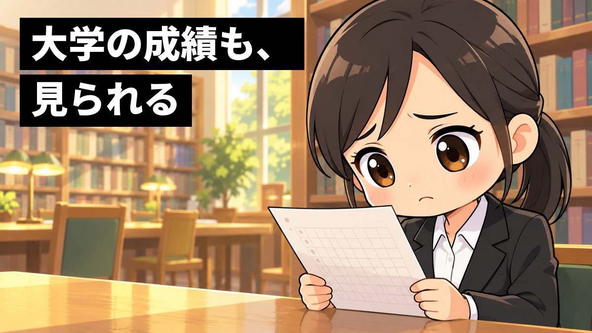 大学の図書館の机で、就活のスーツを着た女子大学生が、手にした成績の紙を見つめ、眉を下げて肩を落とし、しょんぼりしている。「大学の成績も、見られる」の文字。