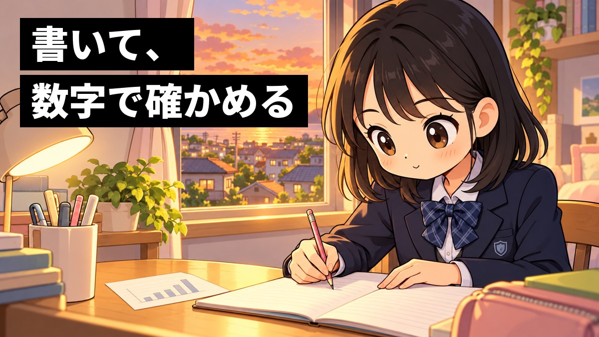 夕方の家の勉強机で、紺のブレザーの制服の女子中学生が、近所のお店の紹介文をノートに書くのに夢中になっている。机の上にはグラフを書いたメモ。「書いて、数字で確かめる」の文字。